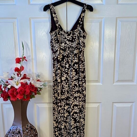 BROWN AND CREAM SLEEVELESS DRESS w BEADED CENTER - Picture 6 of 8